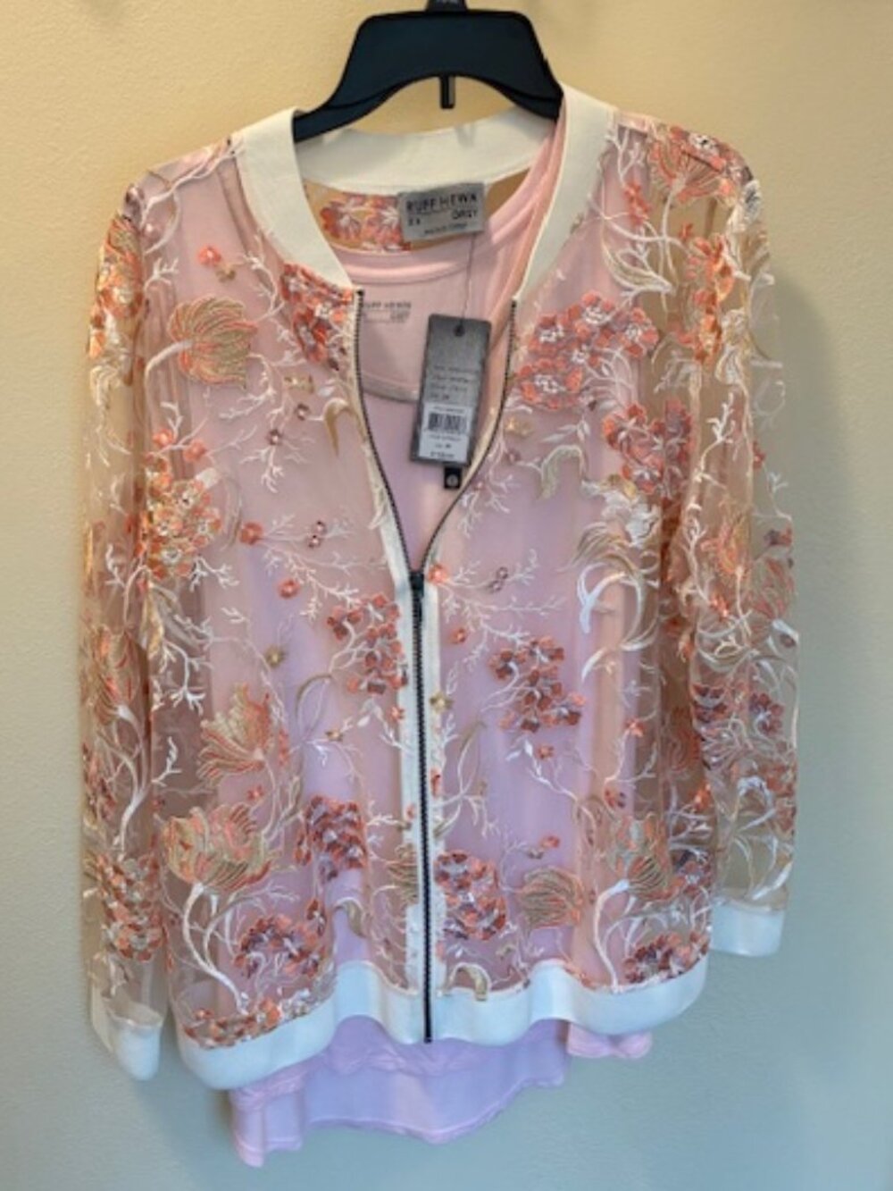 Ruff Hewn Grey ladies tank and zippered embroidered dressy jacket, pink